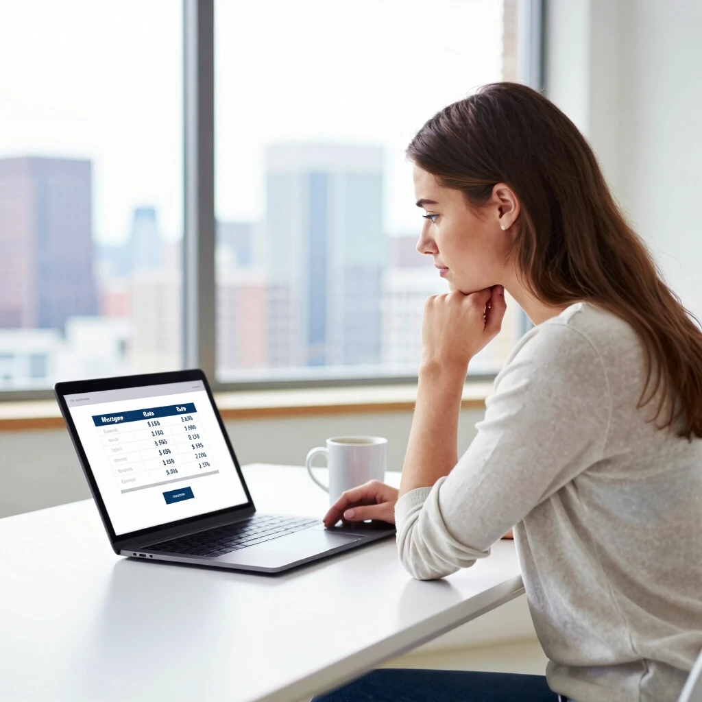 First-time buyer analyzing mortgage rates on laptop