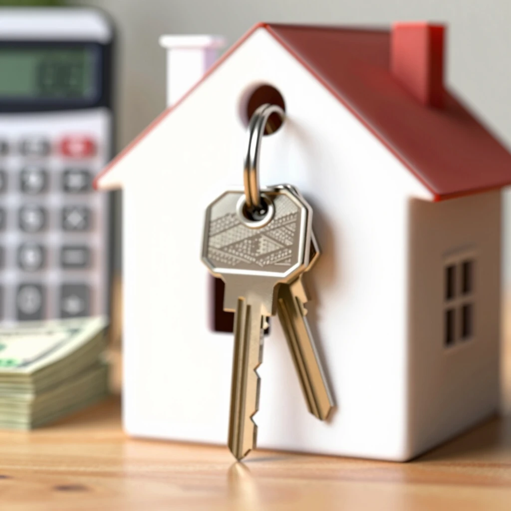 House keys, money, calculator and home model symbolizing mortgage savings