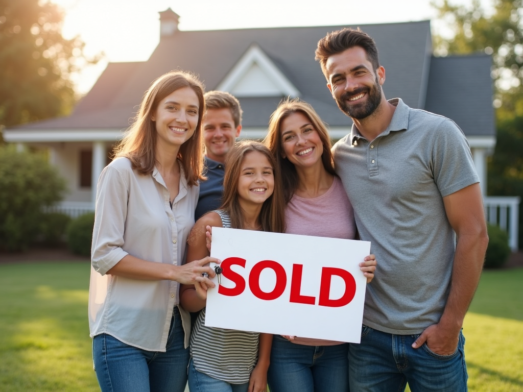 Family in front of their new home