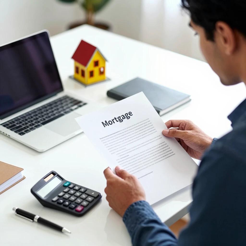 Person reviewing mortgage documents at a desk with calculator and house model