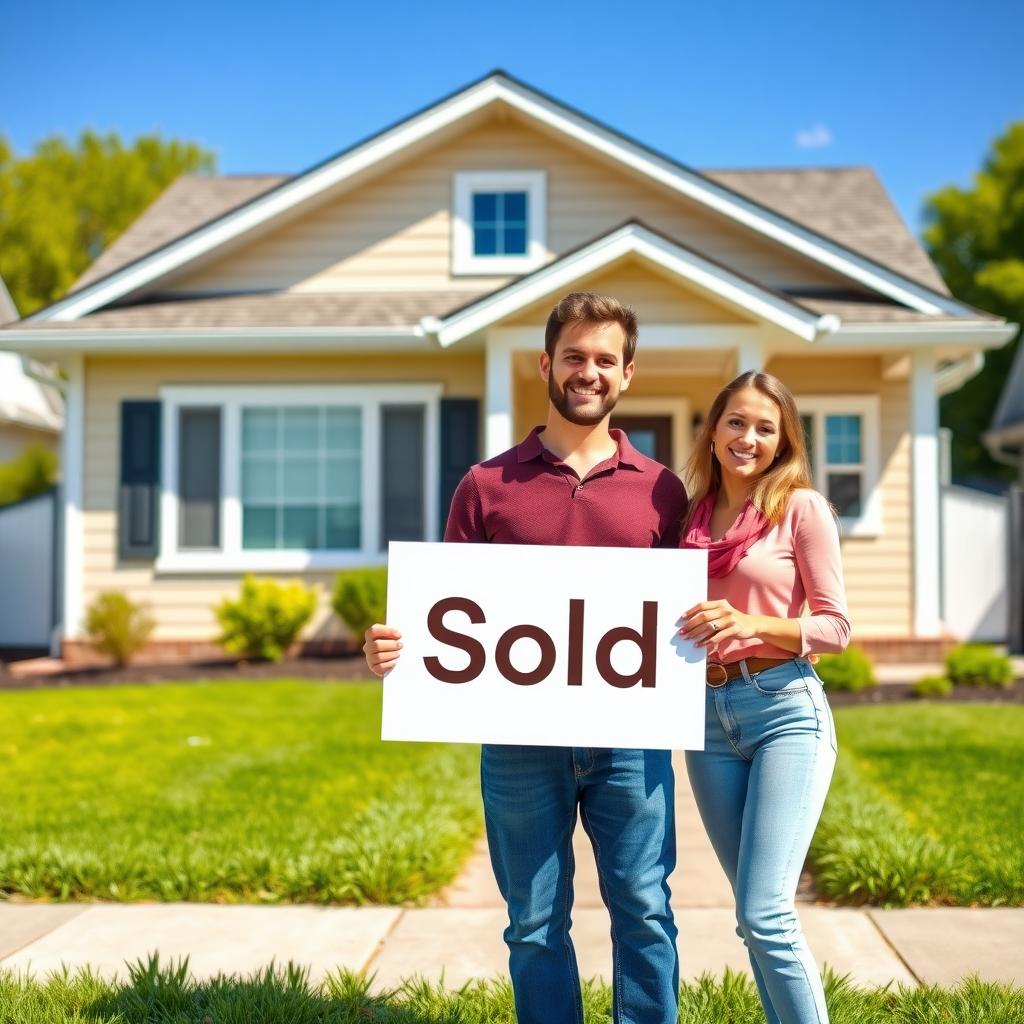 Young couple standing in front of their new home with a 'Sold' sign