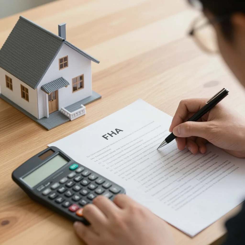 Person reviewing FHA loan documents, calculator, and model house on a wooden desk