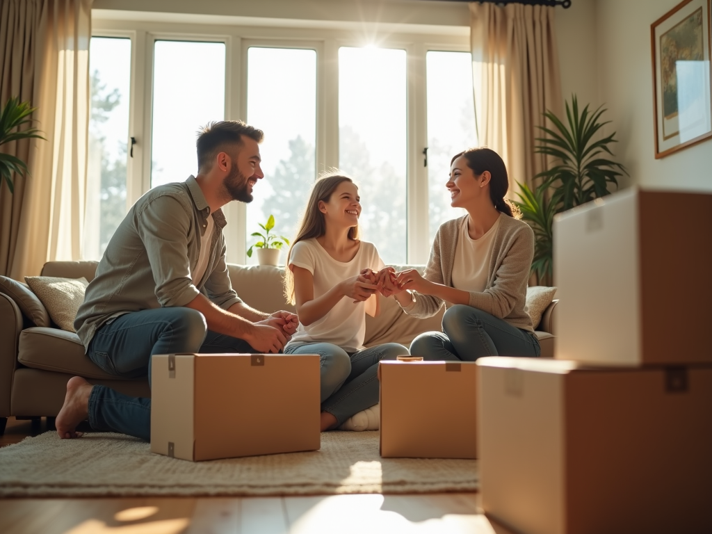 Family unpacking in new home