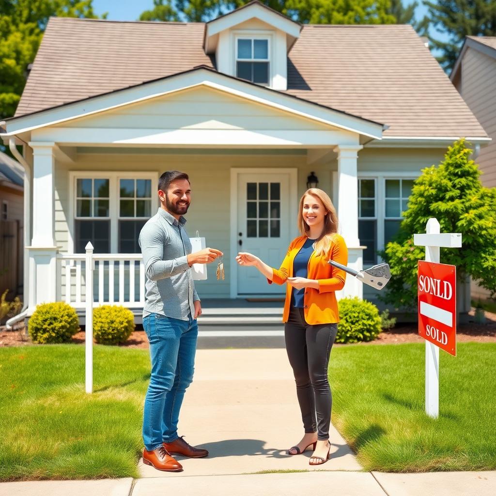 First-time homebuyer receiving keys to a new home from a real estate agent.