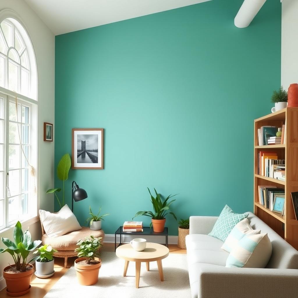 A modern living room with a teal accent wall, cozy furniture, potted plants, and a handmade bookshelf.