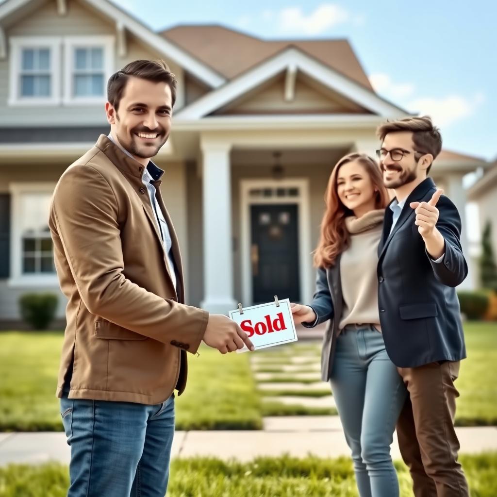Real estate agent handing house keys to a couple in front of a suburban home