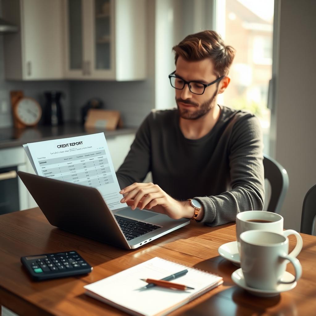 Person reviewing credit report on laptop in a cozy kitchen