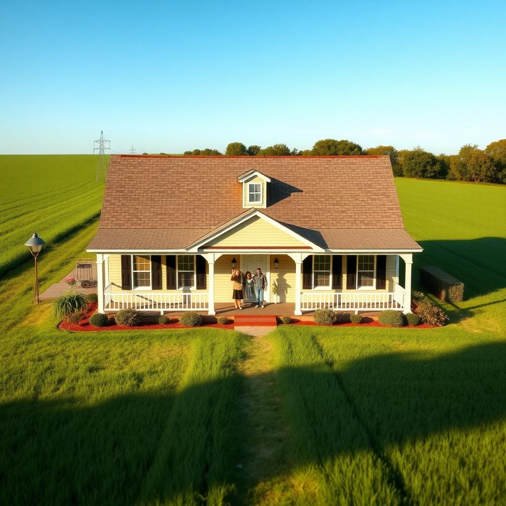 Family waving outside a rural ranch-style home