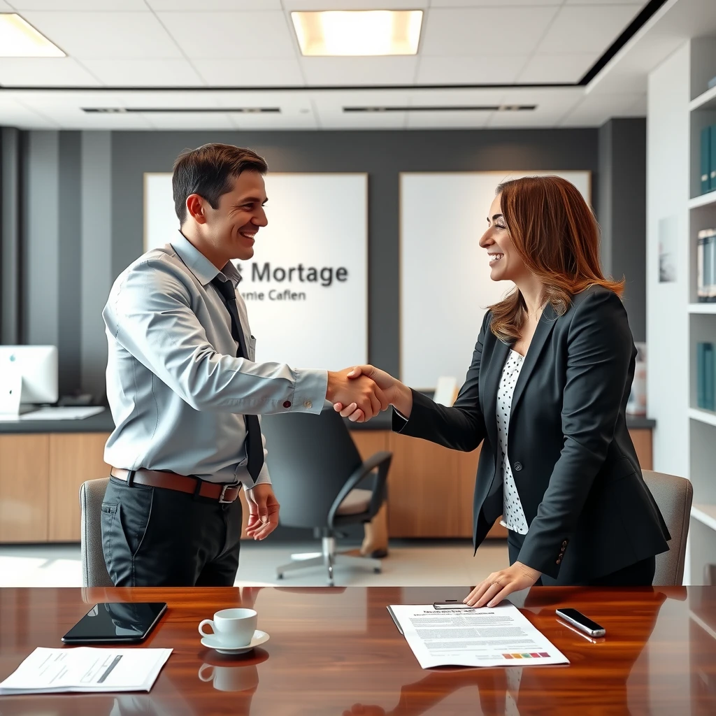 Homeowner finalizing mortgage refinance with loan officer