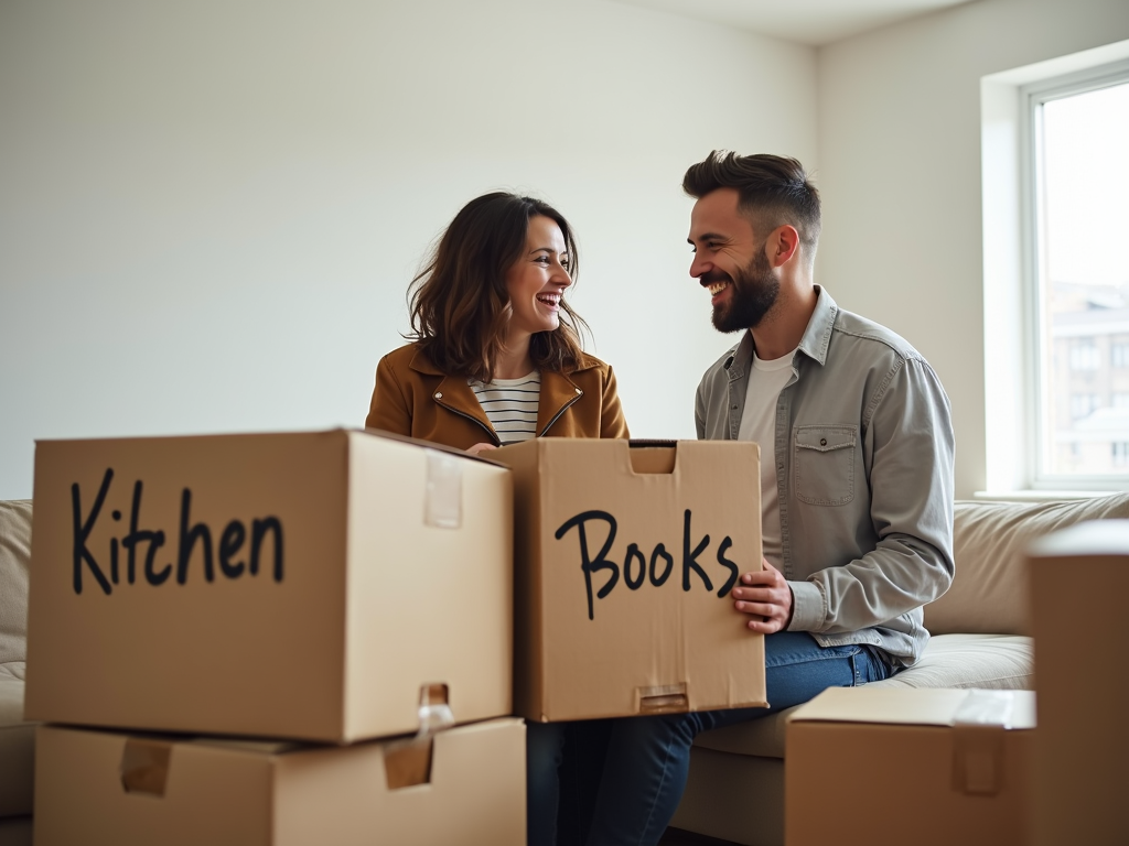Couple unpacking in their new home’s living room.
