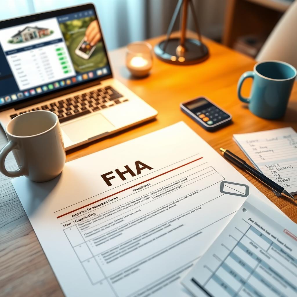 FHA loan application form on a table with a laptop and coffee mug