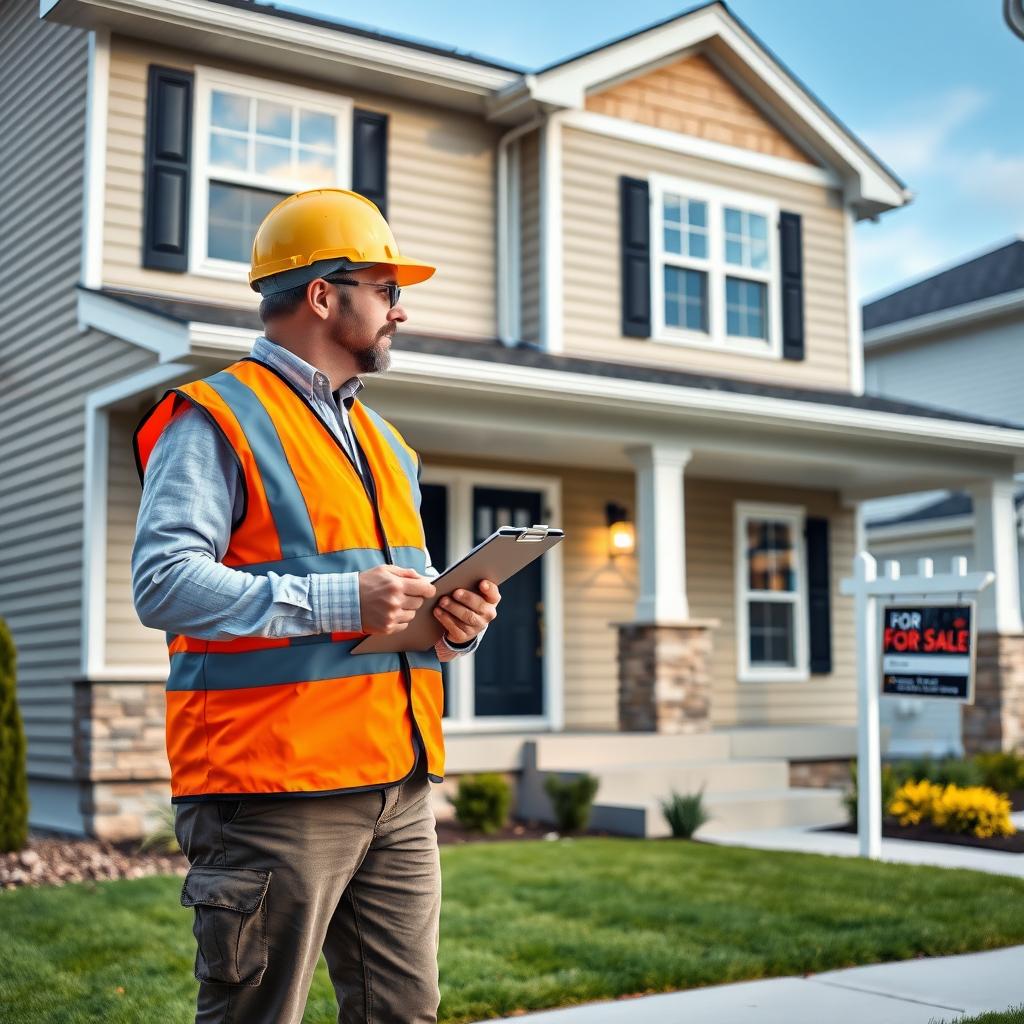 Home inspector examining the exterior of a house with a ‘For Sale’ sign