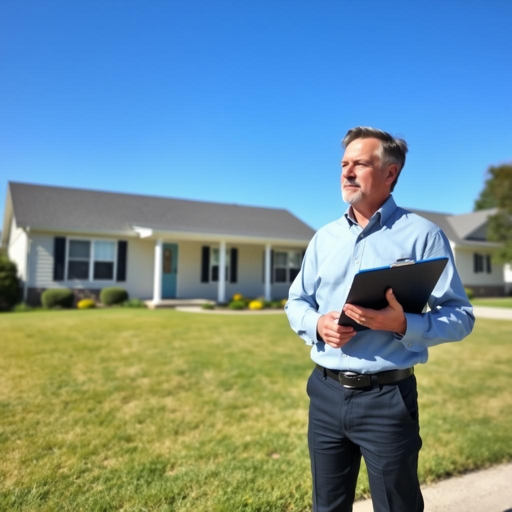 Professional appraiser evaluating the exterior of a suburban home for an FHA appraisal