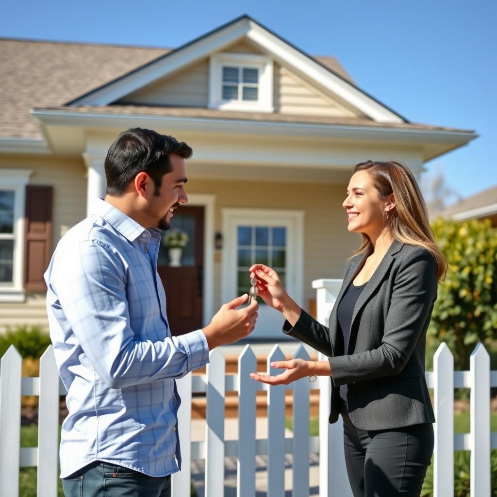 Real estate agent handing keys to a first-time home buyer.