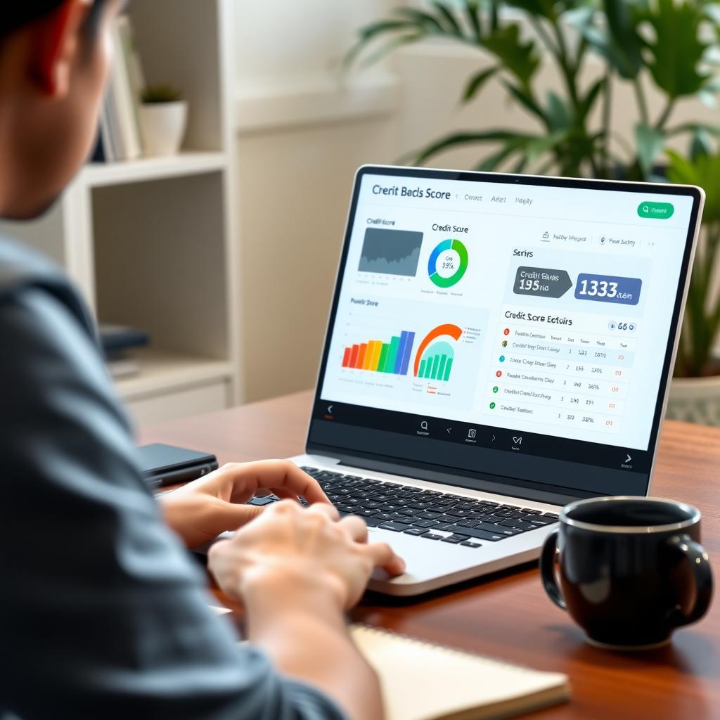 Person reviewing credit score on a laptop in a home office