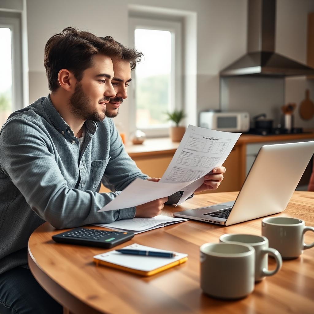 Young couple reviewing financial documents at a kitchen table