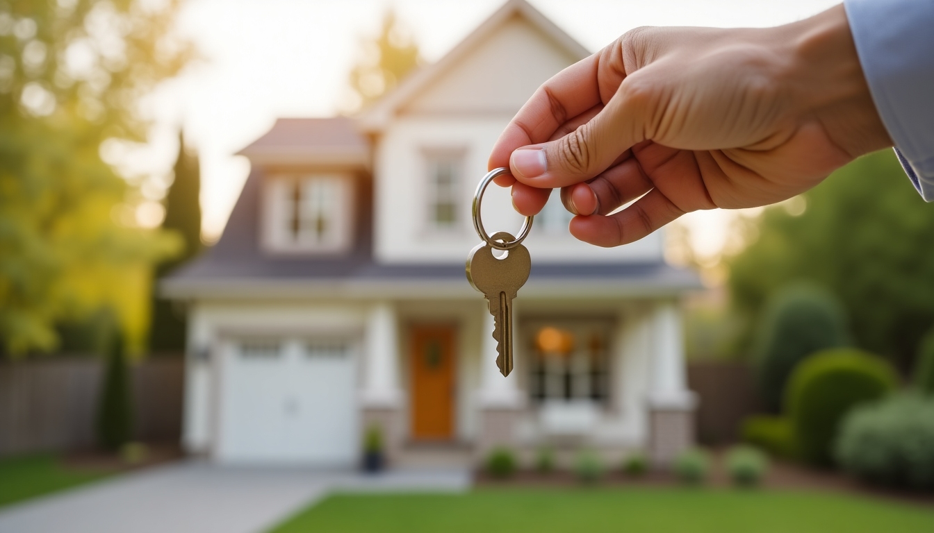 A hand holding a house key with a house in the background, symbolizing home ownership and success in obtaining a mortgage.