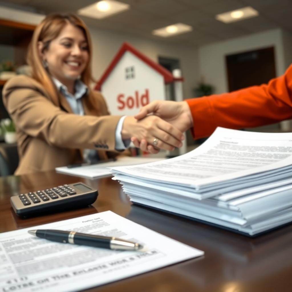 First-time homebuyer shaking hands with a real estate agent at a closing table with documents