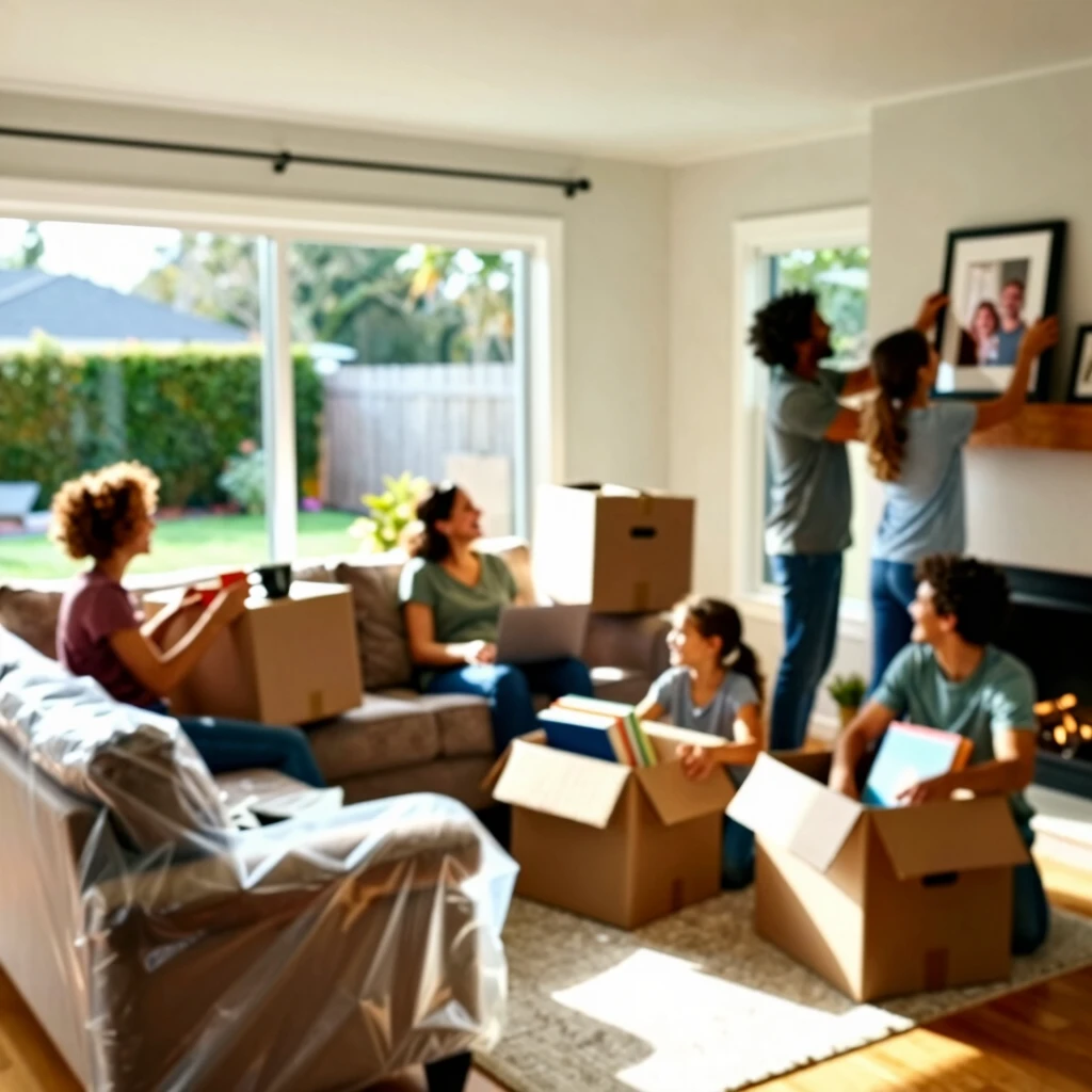 Happy family unpacking and settling into their cozy new living room