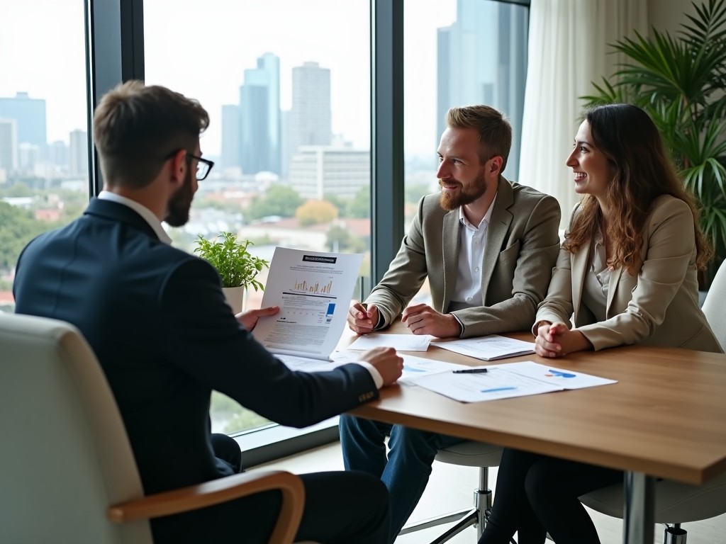 A financial advisor and a young couple discussing mortgage options.