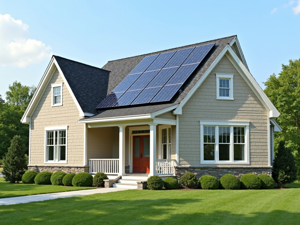 Energy-efficient home with solar panels and modern windows.