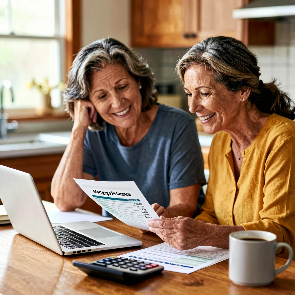 Happy couple reviewing FHA refinance documents at home with calculator and laptop