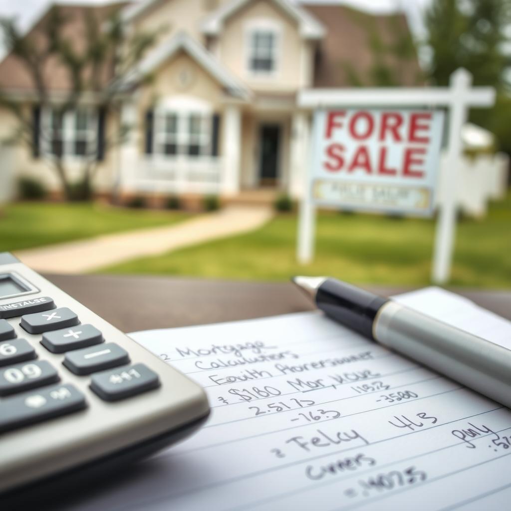 Calculator and notebook with mortgage calculations in front of a suburban home