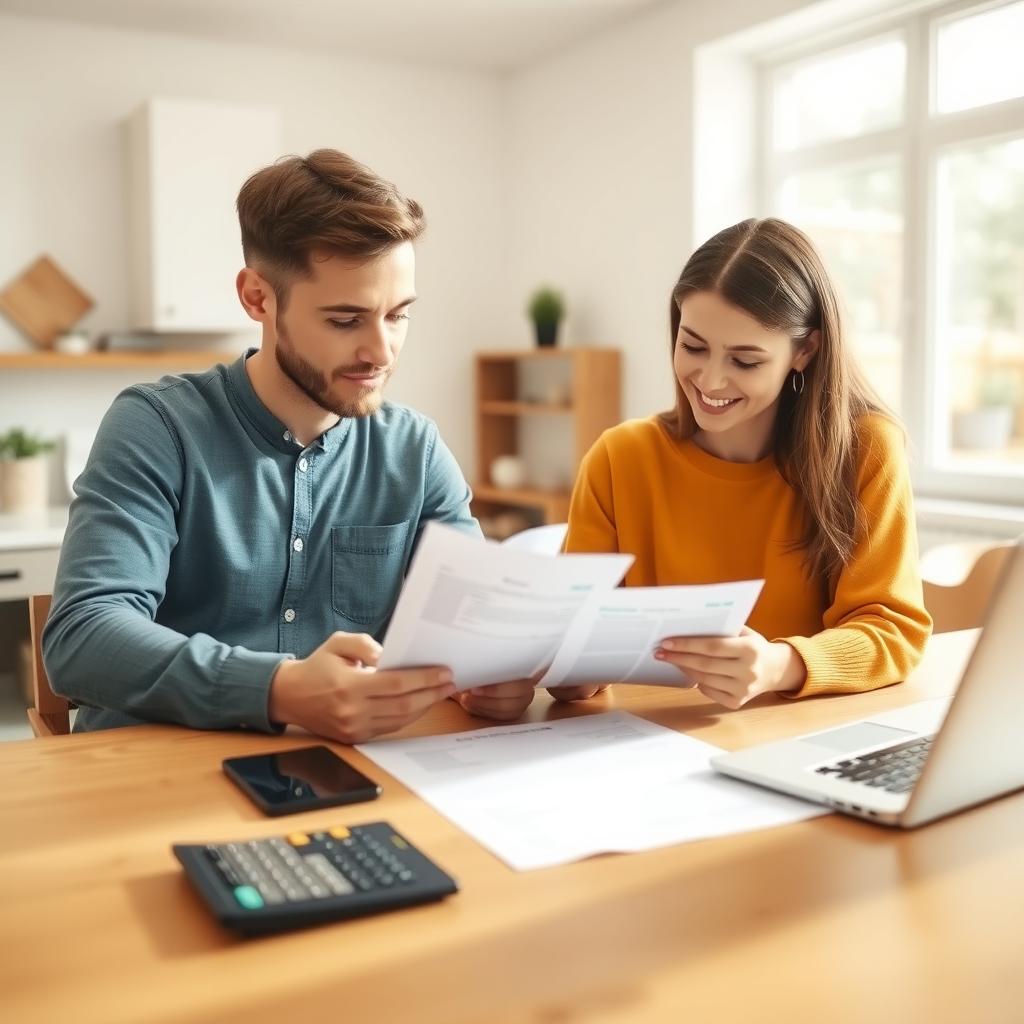 Young couple reviewing mortgage paperwork at a kitchen table in a modern home