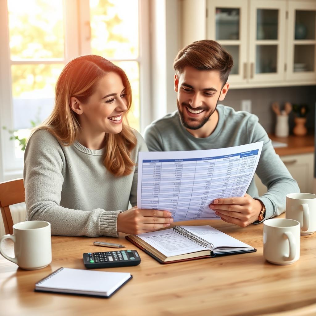 Young couple reviewing a budgeting spreadsheet on a laptop at a kitchen table.