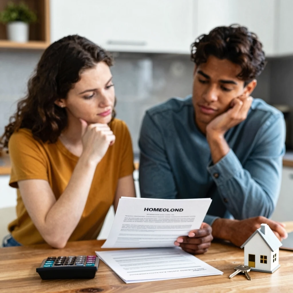 Young couple reviewing FHA loan documents at home