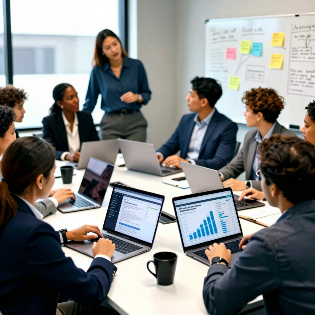 Team of mortgage brokers collaborating on AI tools and resources