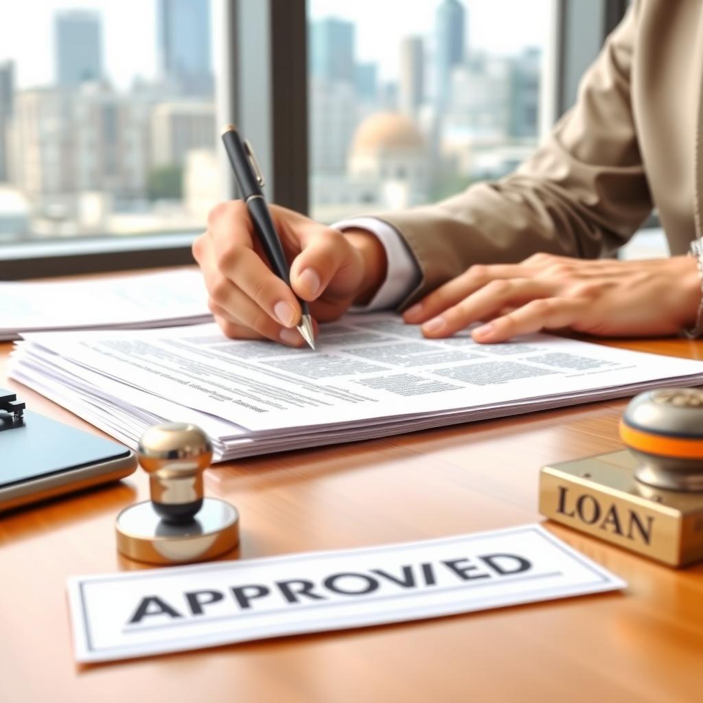 Person signing mortgage refinancing documents in a lender’s office.