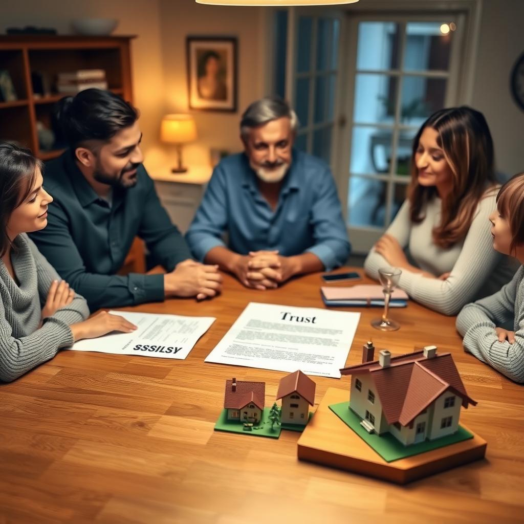 Family discussing estate planning with a trust document and house model on a dining table.