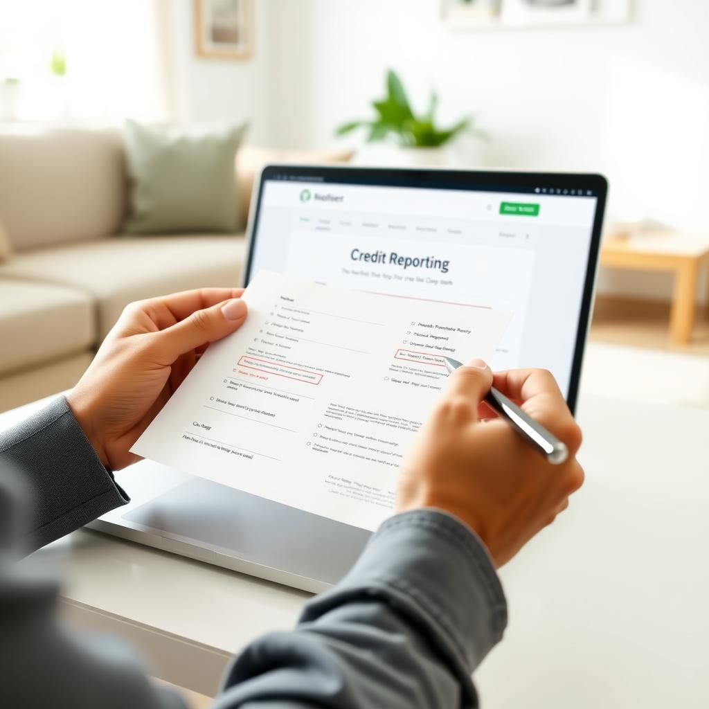 Person reviewing credit report with a pen, laptop showing credit monitoring site in the background.