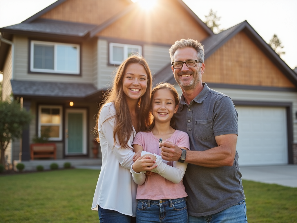 Family in front of their new home