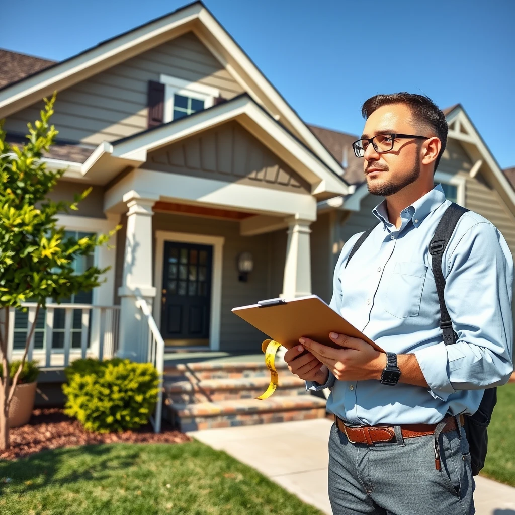 Professional appraiser inspecting the exterior of a modern suburban home with clipboard