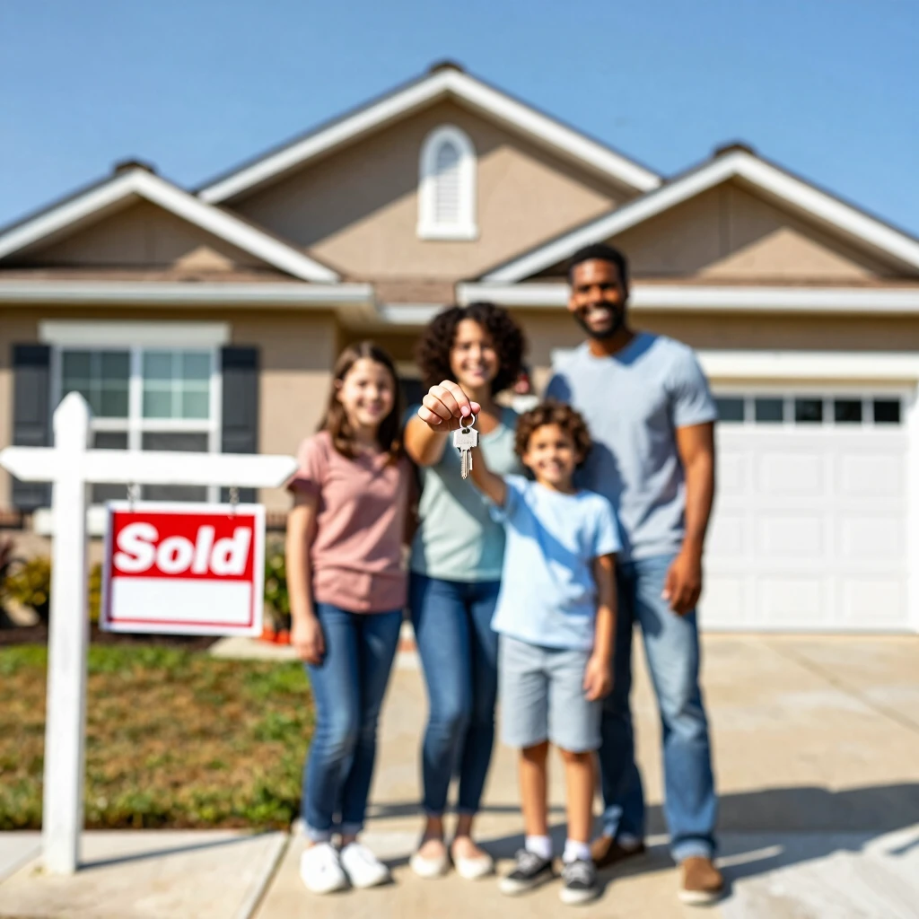 Happy family receiving keys to their new home after FHA mortgage approval