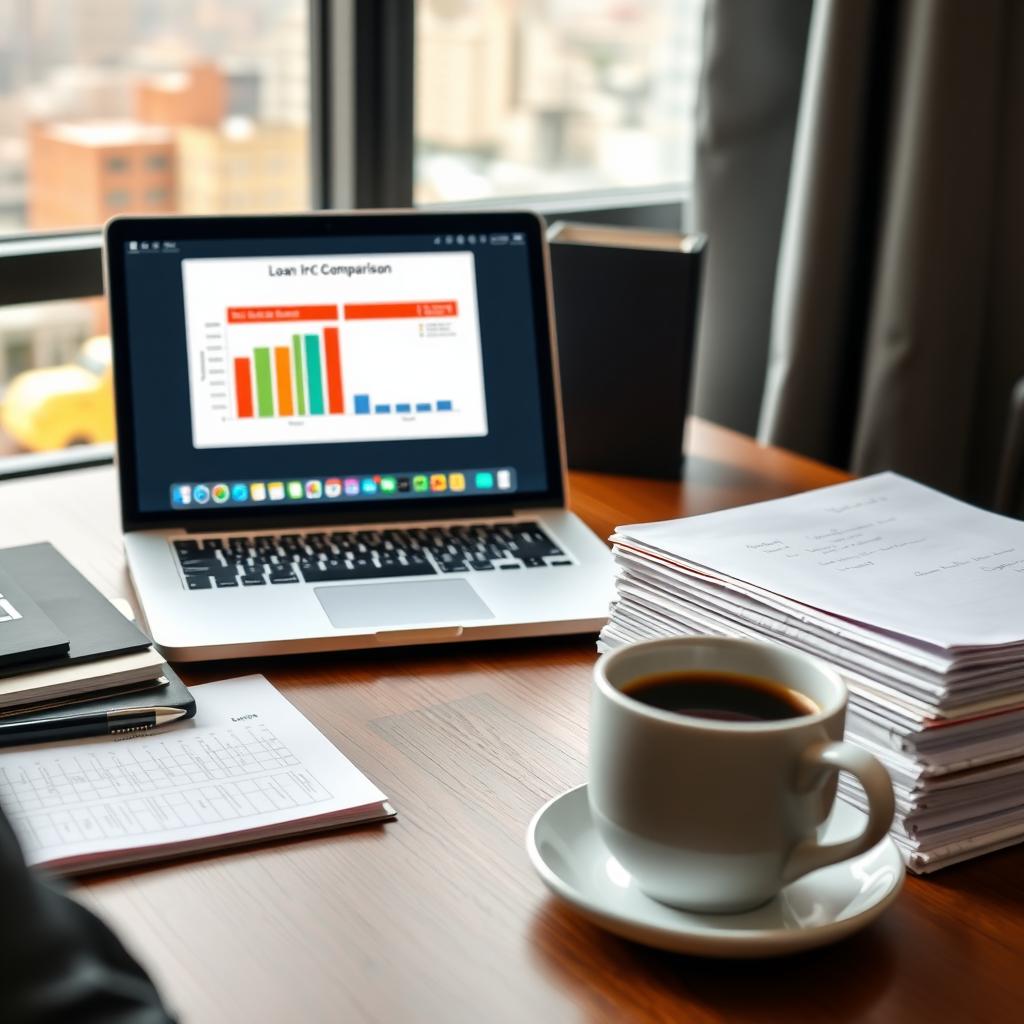 Financial advisor’s desk with a laptop displaying a loan comparison chart.
