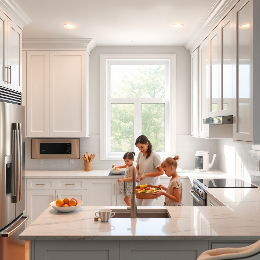 Family enjoying renovated kitchen funded by FHA 203(k) loan