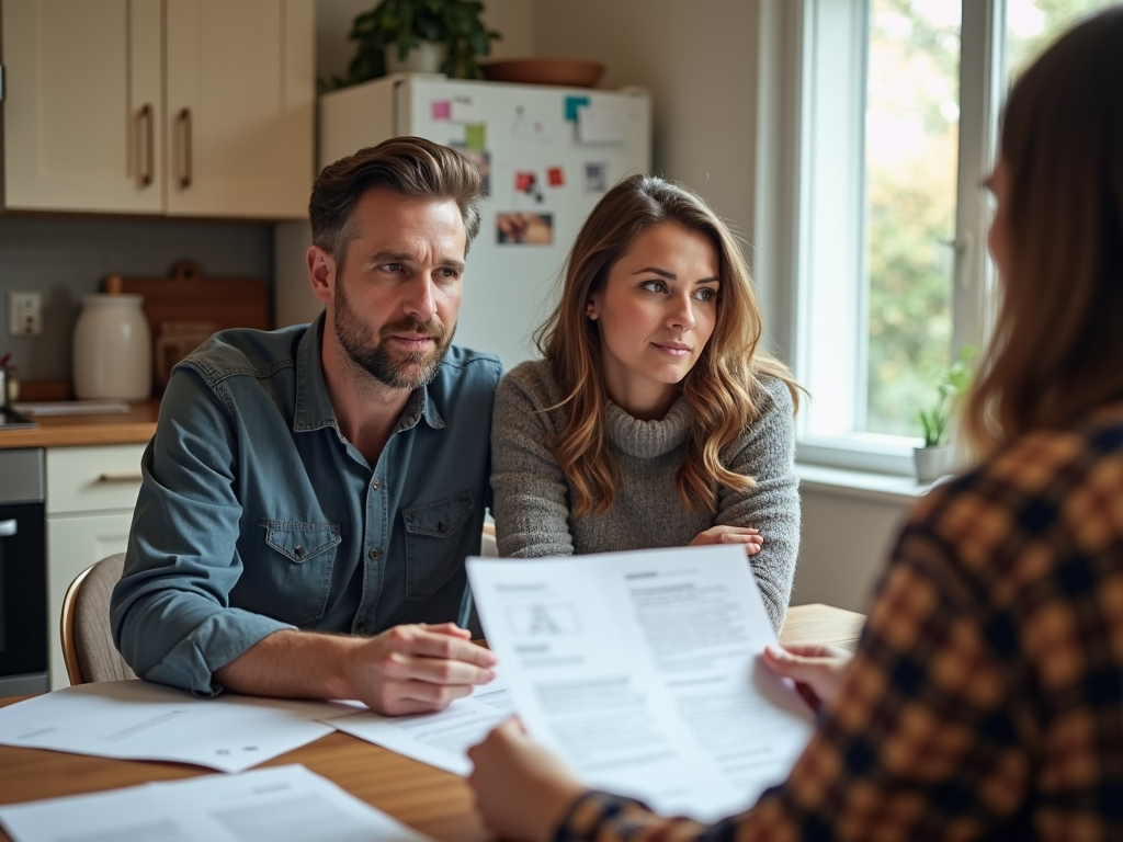 Couple discussing FHA loan terms with a lender.