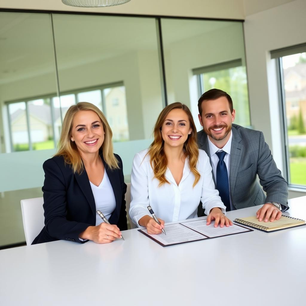 A couple signing mortgage documents in a bright conference room with a suburban view.