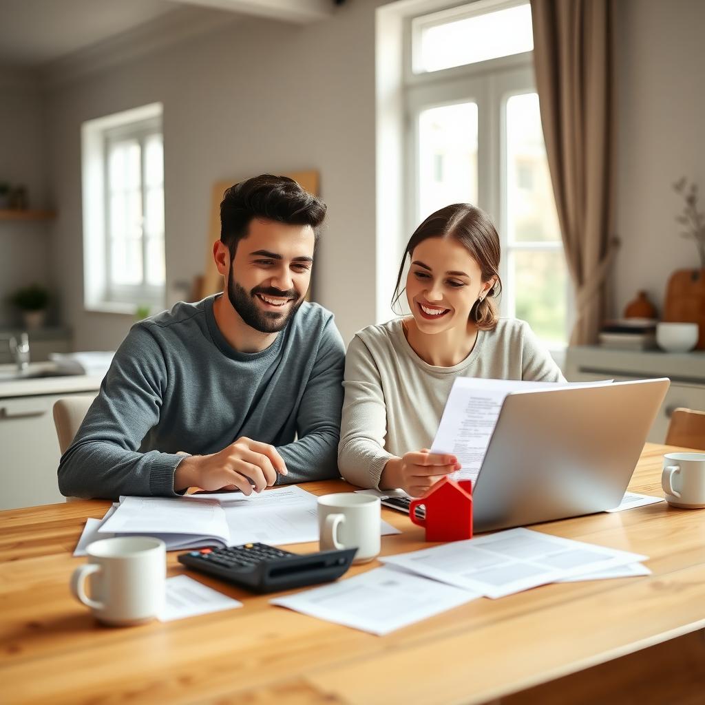 Couple reviewing mortgage documents at a kitchen table
