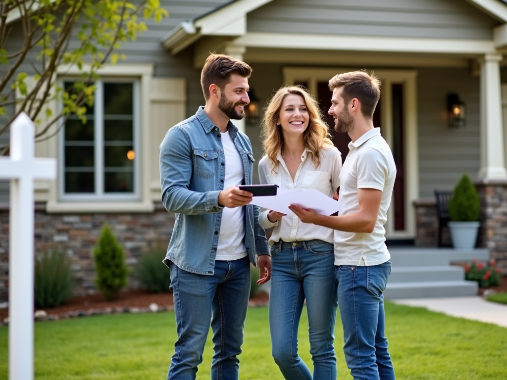 Couple discussing mortgage paperwork with a realtor outside a suburban home.