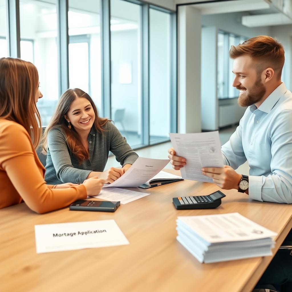 Mortgage lender reviewing documents with a young couple in a modern office.