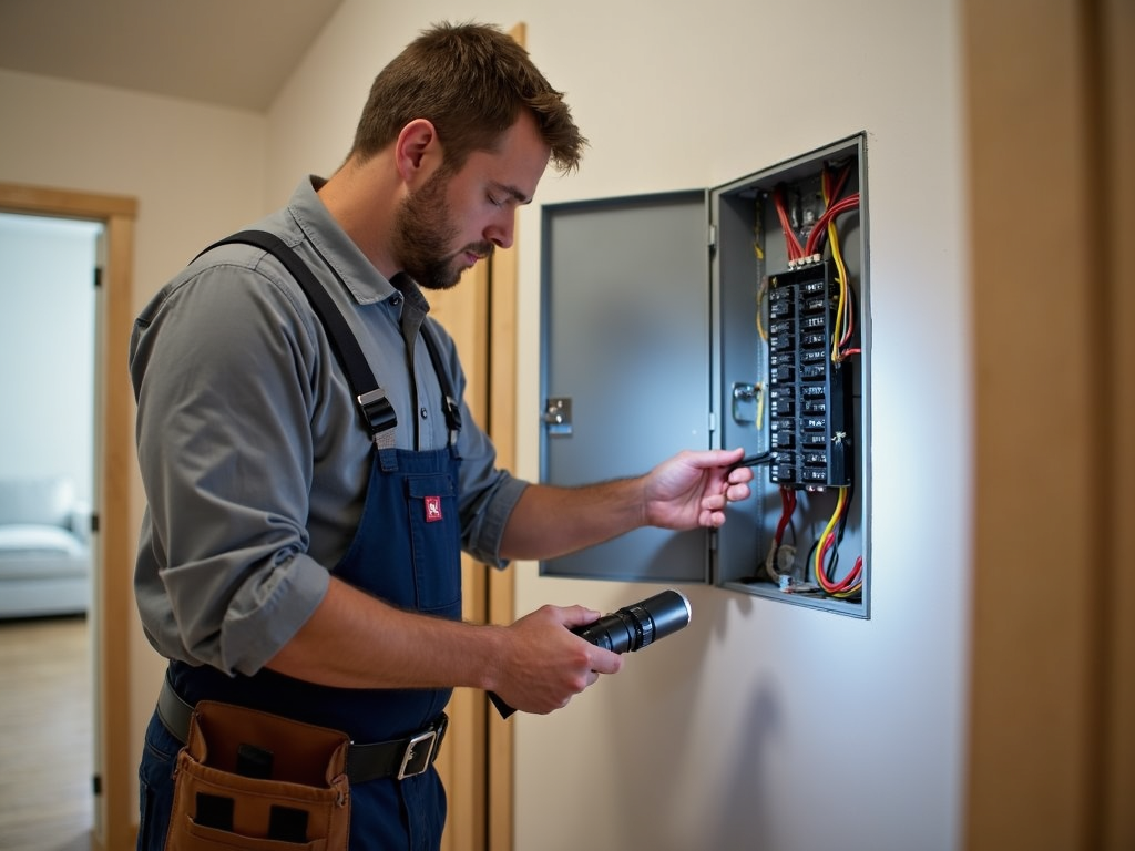 Home inspector checking electrical panel.