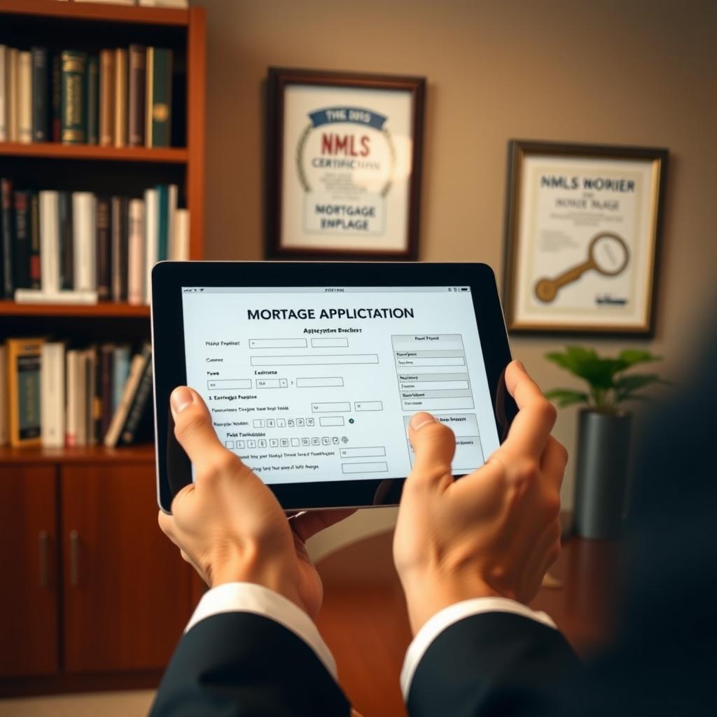 Mortgage broker reviewing a digital mortgage application in a professional office