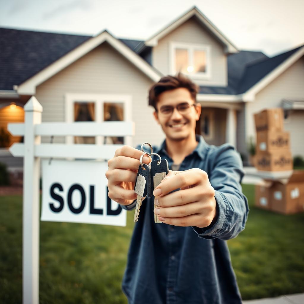 Person celebrating homeownership with keys in front of new house