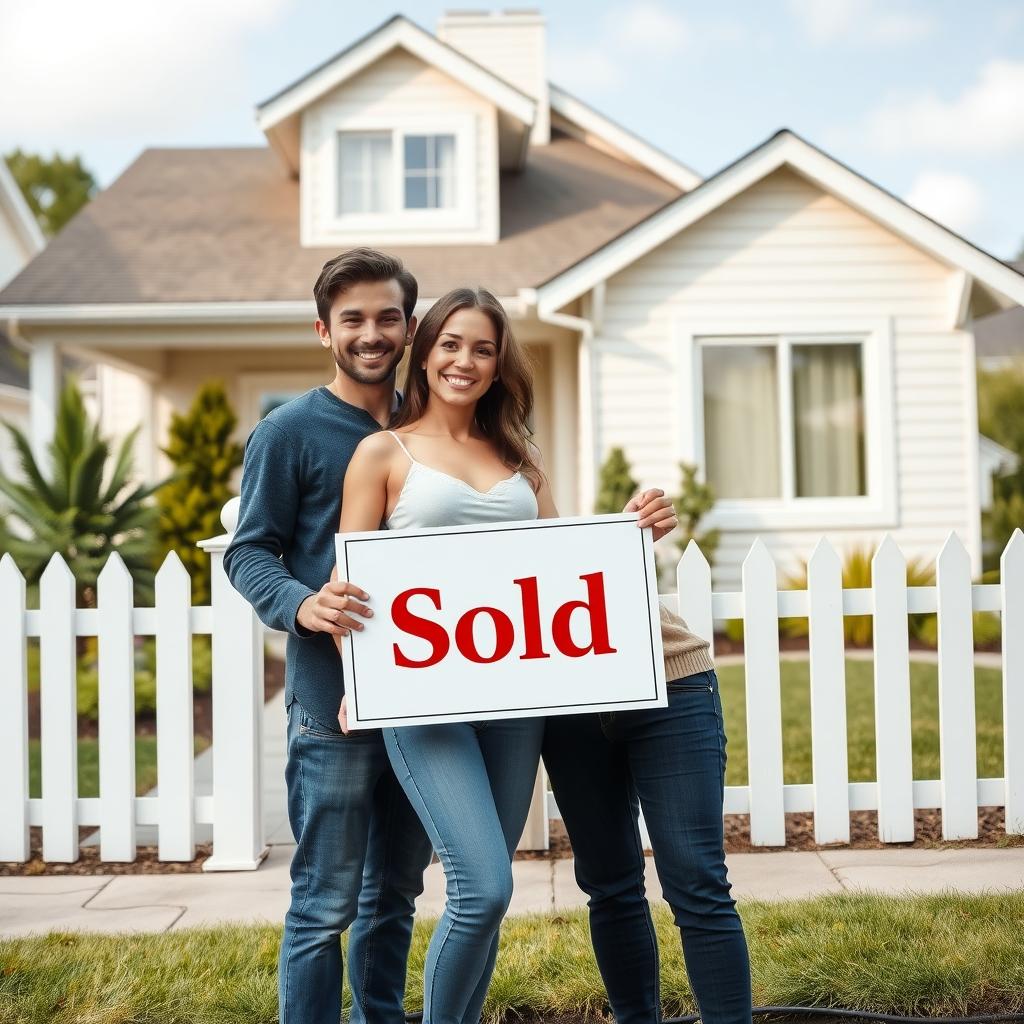 Young couple holding a 'Sold' sign in front of their new suburban home