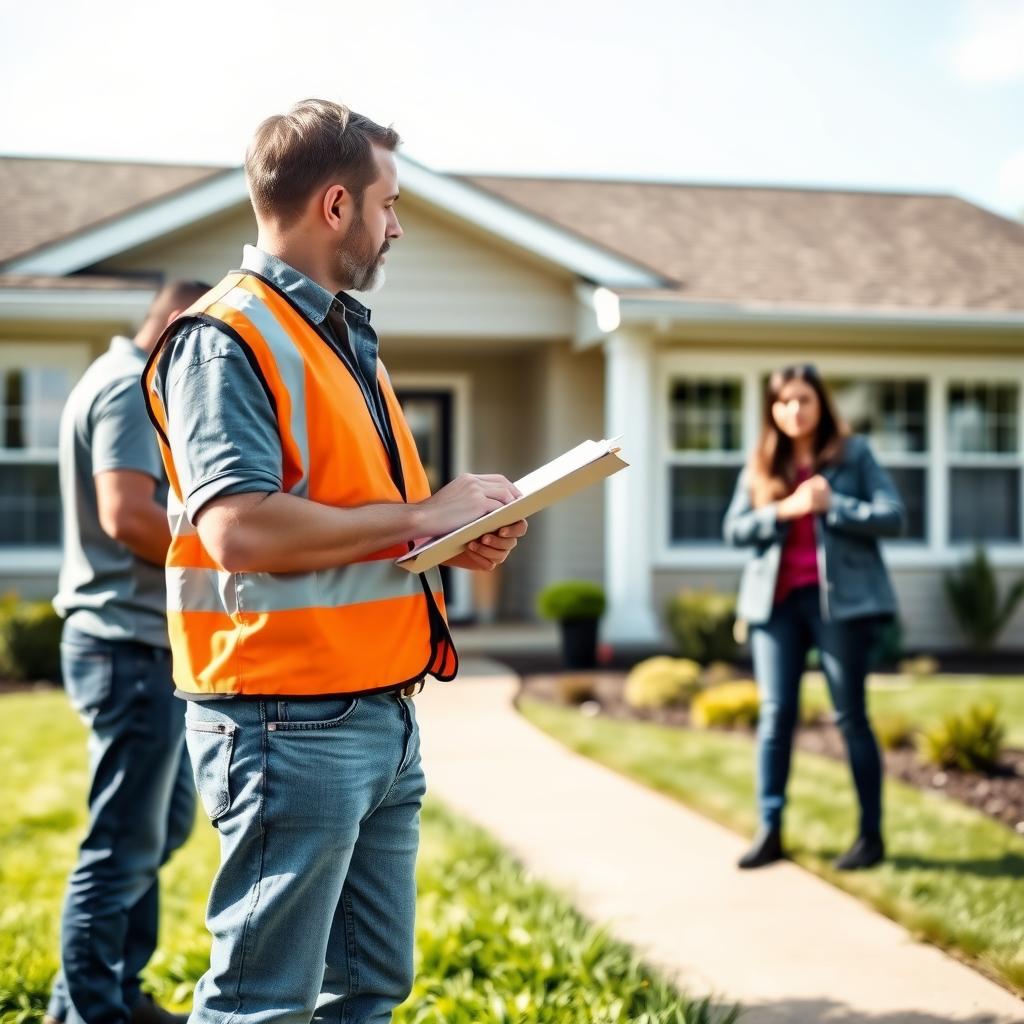 Home inspector examining a house with a couple observing