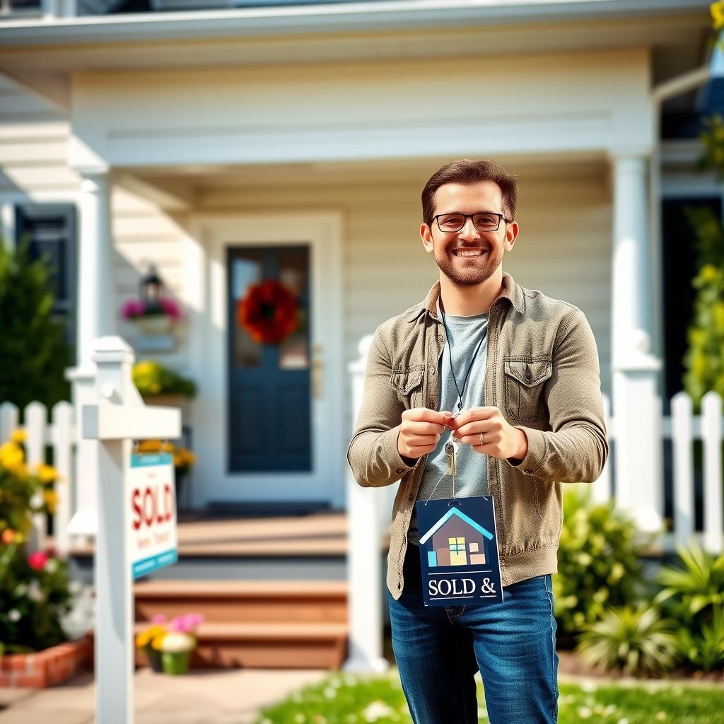 First-time homebuyer holding keys in front of new home with 'Sold' sign